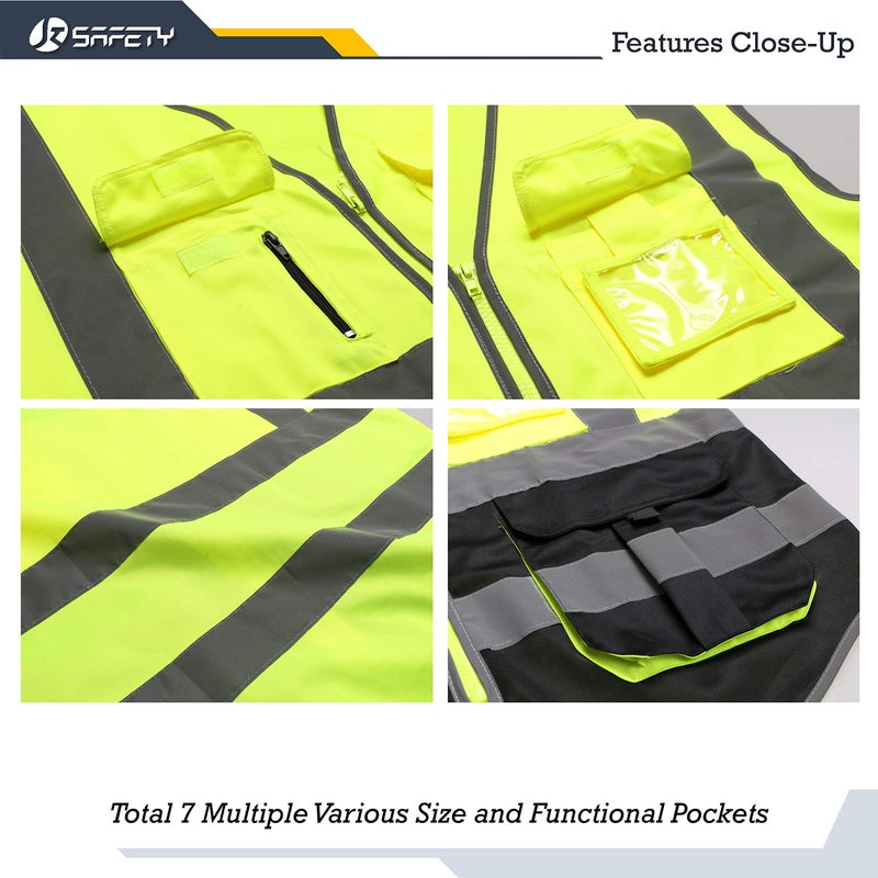 JKSafety 7 Pockets High Visibility Zipper Front Safety Vest With Reflective Strips.Meets ANSI/ISEA Standards (130-Yellow-Black XL) - Image 4